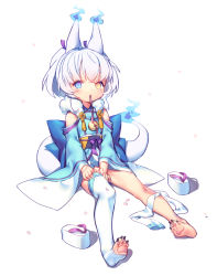 Rule 34 | 1girl, absurdres, animal ears, animal hands, blue eyes, blue fire, dressing, fingernails, fire, flame-tipped tail, fox ears, full body, gimt, heterochromia, highres, japanese clothes, kimono, long fingernails, long sleeves, looking at viewer, mouth hold, no panties, off shoulder, original, platform footwear, short hair, slippers, solo, tail, thighhighs, toeless legwear, toes, white hair, white thighhighs, wide sleeves, yellow eyes