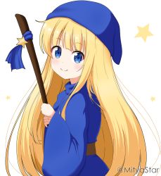Rule 34 | 1girl, blonde hair, blue dress, blue eyes, blue headwear, broom, closed mouth, commentary request, dress, from side, highres, holding, holding broom, long hair, long sleeves, looking at viewer, looking to the side, mitya, puyopuyo, simple background, smile, solo, star (symbol), starry background, twitter username, very long hair, white background, wide sleeves, witch (puyopuyo)