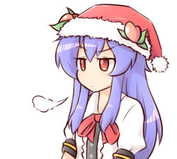 Rule 34 | 1girl, annoyed, blue hair, christmas, expressionless, food, fruit, hat, hat ornament, hinanawi tenshi, long hair, neck ribbon, peach, raised eyebrow, red eyes, ribbon, santa hat, sigh, simple background, solo, touhou, upper body, wool (miwol)
