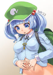Rule 34 | 1girl, backpack, bag, blue eyes, blue hair, blue shirt, blush, bottomless, breasts, cabbie hat, collared shirt, commentary request, dated, green bag, green hat, hair bobbles, hair ornament, hands on own stomach, hat, impossible clothes, impossible shirt, jewelry, kawashiro nitori, kei jiei, key, key necklace, long sleeves, looking down, medium breasts, medium hair, navel, necklace, open mouth, pocket, shirt, solo, touhou, two side up, upper body