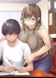 Rule 34 | 1boy, 1girl, bare shoulders, black hair, blue eyes, blush, breasts, brown hair, closed mouth, commentary request, curtains, denim, desk, faceless, faceless male, gentsuki, glasses, highres, holding, holding pen, indoors, large breasts, long hair, midriff, notebook, original, pants, pen, ribbed shirt, shirt, short sleeves, sidelocks, sitting, sleeveless, sleeveless shirt, smile, standing, studying, teacher, tutor, white shirt, writing