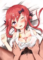 Rule 34 | 1boy, 1girl, bare shoulders, bat hair ornament, blush, breasts, clothes lift, commentary request, covered erect nipples, cum, cum in mouth, cum on hair, ejaculation, erection, facial, gabriel dropout, grabbing, grabbing another&#039;s breast, hair ornament, hair rings, hetero, highres, indoors, jewelry, looking at viewer, lying, male pubic hair, medium breasts, mochiyuki, necklace, on back, one eye closed, open mouth, paizuri, paizuri under clothes, penis, pov, pubic hair, purple eyes, red hair, satanichia kurumizawa mcdowell, shirt, shirt lift, solo focus, straddling, straddling paizuri, white shirt