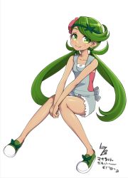 Rule 34 | 1girl, alternate color, apron, bare shoulders, blush, closed mouth, collarbone, creatures (company), dark-skinned female, dark skin, flower, flower on head, full body, game freak, green eyes, green hair, hair flower, hair ornament, hanauna, highres, knees together feet apart, legs, lips, looking at viewer, mallow (pokemon), nintendo, no socks, pink lips, pink shirt, pokemon, pokemon sm, shiny skin, shirt, shoes, signature, simple background, sitting, sleeveless, sleeveless shirt, smile, solo, swept bangs, trial captain, twintails, white background