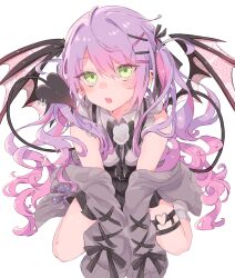 Rule 34 | 1girl, belt, black bow, black skirt, bow, clothes down, demon girl, demon tail, demon wings, ear piercing, fang, frilled shirt, frills, green eyes, hair between eyes, hair ornament, hair ribbon, hairclip, highres, hololive, jacket, jirai kei, light blush, long hair, looking at viewer, nekonika (e102k), open mouth, piercing, pleated skirt, pointy ears, pom pom (clothes), purple hair, ribbon, shirt, simple background, sitting, skin fang, skirt, sleeveless, sleeveless shirt, solo, tail, thigh strap, tokoyami towa, tokoyami towa (jirai kei), twintails, v arms, very long hair, virtual youtuber, wariza, white background, white shirt, wings, x hair ornament