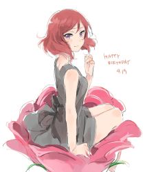 1girl arm_support blush dated female_focus flower happy_birthday looking_at_viewer love_live! love_live!_school_idol_project musshu_(omu001) nishikino_maki on_flower pink_hair purple_eyes short_hair simple_background sitting sketch smile solo white_background