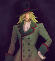 Rule 34 | 10s, 1boy, antennae, bishounen, coat, gloves, green hair, hair over one eye, hand on own hip, happinesscharge precure!, hat, kate (alice catharsis), lips, long hair, male focus, namakeruda, parted lips, precure, solo, top hat, yellow eyes