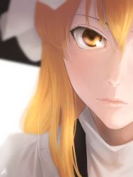 Rule 34 | 1girl, amino (tn7135), blonde hair, blurry, close-up, hat, kirisame marisa, light particles, lips, long hair, looking at viewer, md5 mismatch, out of frame, portrait, signature, simple background, solo, touhou, turtleneck, upper body, white background, witch hat, yellow eyes