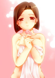 Rule 34 | 1girl, blush, breast hold, breasts, brown eyes, brown hair, chi gura-ya, collarbone, condom, covering privates, mature female, medarot, naked towel, nude cover, solo, tenryou chidori, towel