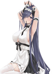 Rule 34 | 1girl, absurdres, apron, armpits, arms up, august von parseval (azur lane), august von parseval (the conquered unhulde) (azur lane), azur lane, between breasts, black dress, breasts, clothing cutout, curled horns, dress, garter straps, hair over one eye, highres, horns, large breasts, long hair, looking at viewer, mechanical horns, official alternate costume, purple eyes, purple hair, qing-yu, simple background, strap between breasts, thighhighs, underboob cutout, very long hair, white apron, white background, white garter straps, white thighhighs