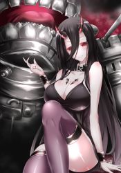 Rule 34 | 10s, 1girl, abyssal ship, bare shoulders, battleship princess, black dress, black hair, black thighhighs, breast tattoo, breasts, cleavage, collarbone, convenient leg, dress, fingernails, highres, horns, kantai collection, large breasts, long hair, looking at viewer, machinery, red eyes, sharp fingernails, shiroshimu, short dress, sitting, smile, solo, spaghetti strap, tattoo, thighhighs, very long hair, wristband