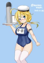 Rule 34 | 1girl, blonde hair, blue background, blue eyes, blue one-piece swimsuit, book, breasts, dated, glasses, hat, head tilt, i-8 (kancolle), kantai collection, large breasts, low twintails, masara (chuujou), name tag, one-hour drawing challenge, one-piece swimsuit, peaked cap, red-framed eyewear, sailor hat, school swimsuit, semi-rimless eyewear, simple background, solo, swimsuit, thighhighs, torpedo, twintails, twitter username, under-rim eyewear, white thighhighs