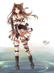 Rule 34 | 10s, 1girl, breasts, brown eyes, brown hair, cleavage, elbow gloves, floating, gloves, jintsuu (kancolle), jintsuu kai ni (kancolle), kantai collection, long hair, looking at viewer, one-hour drawing challenge, pleated skirt, searchlight, signature, skirt, small breasts, solo, thighhighs, toosaka asagi, white thighhighs, zettai ryouiki