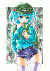 Rule 34 | 1girl, backpack, bad id, bad pixiv id, bag, blue eyes, blue hair, colored pencil (medium), cucumber, female focus, hair bobbles, hair ornament, hat, kawashiro nitori, key, kidanieru, marker (medium), matching hair/eyes, no pants, one-piece swimsuit, painting (medium), randoseru, school swimsuit, short hair, solo, swimsuit, swimsuit under clothes, thighhighs, touhou, traditional media, twintails, two side up, watercolor (medium)