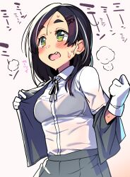 Rule 34 | 1girl, black hair, blush, breasts, breath, fang, gloves, green eyes, grey skirt, hair ornament, hairclip, heavy breathing, highres, kantai collection, kuroshio (kancolle), medium breasts, medium hair, neck ribbon, one-hour drawing challenge, open clothes, open mouth, open vest, ribbon, see-through, see-through shirt, shirt, short sleeves, skirt, solo, sweat, taketora suzume, vest, white gloves, white shirt