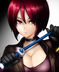 Rule 34 | 1girl, black gloves, breasts, choker, cleavage, gloves, hair between eyes, highres, large breasts, long sleeves, looking at viewer, military, military uniform, okyou, parted lips, purple eyes, red hair, short hair, smile, solo, the king of fighters, uniform, upper body, whip, whip (kof)