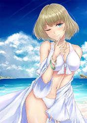 Rule 34 | 10s, 1girl, ;), bad id, bad pixiv id, beach, bikini, blonde hair, blue eyes, bracelet, breasts, cloud, contrapposto, cowboy shot, day, finger to mouth, front-tie bikini top, front-tie top, highres, idolmaster, idolmaster cinderella girls, jewelry, large breasts, looking at viewer, mole, mole under eye, navel, necklace, ocean, one eye closed, outdoors, primamiya, seductive smile, short hair, sky, smile, solo, standing, swimsuit, takagaki kaede, white bikini