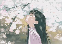 Rule 34 | 1girl, :d, absurdres, arms at sides, black hair, blurry, blurry background, blush, branch, cherry blossoms, closed eyes, collared shirt, day, facing up, from side, highres, long hair, long sleeves, open mouth, original, outdoors, portrait, shirt, sidelocks, smile, solo, straight hair, takaki (mh 399), white shirt