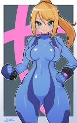 Rule 34 | 1girl, absurdres, black background, blonde hair, blue bodysuit, blue eyes, bodysuit, border, breasts, closed mouth, covered navel, cowboy shot, highres, long hair, looking at viewer, medium breasts, metroid, mole, mole under mouth, nintendo, pink background, ponytail, ryuusui arumo, samus aran, shiny clothes, smile, solo, standing, zero suit