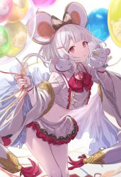 Rule 34 | 1girl, animal, animal ears, balloon, bow, bowtie, brooch, carrying, cheese, chinese zodiac, commentary request, crop top, detached sleeves, feb itk, food, granblue fantasy, grey shirt, grey skirt, hair bow, hair ornament, hairband, hairclip, heart, heart brooch, highres, holding, jewelry, long sleeves, looking at viewer, midriff, miniskirt, mouse (animal), mouse ears, navel, parted lips, pleated skirt, red eyes, sailor collar, shirt, short hair, skirt, solo, stomach, thighs, vikala (granblue fantasy), white background, white hair, wide sleeves, year of the rat