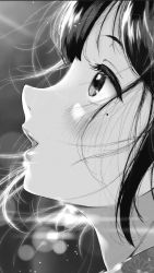 Rule 34 | 1girl, backlighting, blush, commentary request, from side, greyscale, jorori, lens flare, lips, looking afar, mole, mole under eye, monochrome, original, parted lips, portrait, profile, simple background, solo