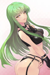 Rule 34 | 1girl, absurdres, ass, bare arms, bare shoulders, black gloves, black shirt, breasts, c.c., code geass, commentary, cowboy shot, fingerless gloves, gloves, green hair, highres, large breasts, long hair, looking at viewer, shan laotou, shirt, sidelocks, sleeveless, sleeveless shirt, smile, solo, very long hair, yellow eyes