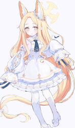 Rule 34 | 1girl, animal ear fluff, animal ears, bird, bird on hand, blonde hair, blue archive, blue necktie, breasts, closed mouth, commentary, detached sleeves, dress, flower, frilled dress, frills, full body, hair flower, hair ornament, halo, high heels, highres, long hair, looking at viewer, multicolored eyes, necktie, pantyhose, sateto (user knrf2332), seia (blue archive), simple background, sleeves past fingers, sleeves past wrists, small breasts, solo, standing, striped clothes, striped pantyhose, vertical-striped clothes, vertical-striped pantyhose, very long hair, very long sleeves, white background, white dress, white footwear, white pantyhose, yellow halo