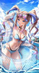 Rule 34 | 1girl, 29hyeon, :d, absurdres, airi kanna, arm up, bikini, blue eyes, blue hair, blue sky, breasts, brown hair, cleavage, cloud, commentary request, day, eyewear on head, front-tie bikini top, front-tie top, gradient-tinted eyewear, heart, heart-shaped eyewear, highres, innertube, jacket, jewelry, large breasts, long hair, long sleeves, looking at viewer, medium breasts, multicolored hair, navel, ocean, open mouth, outdoors, purple hair, ring, see-through, see-through jacket, shoulder tattoo, side-tie bikini bottom, sky, smile, solo, stellive, stomach, streaked hair, sunglasses, swim ring, swimsuit, tattoo, twintails, two-tone swimsuit, virtual youtuber, wading