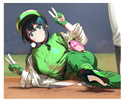 Rule 34 | &gt;:), + +, 1girl, 1other, baseball, baseball cap, black hair, blue eyes, blurry, blurry background, breasts, closed mouth, commentary request, depth of field, dirty, dirty clothes, double v, gloves, green footwear, green headwear, green pants, green shirt, hat, jacket, long hair, long sleeves, looking at viewer, low ponytail, lying, nijisanji, on ground, on side, onomachi haruka, open clothes, open jacket, pants, pettan p, ponytail, shirt, shoe soles, shoes, sidelocks, small breasts, smile, solo focus, v, v-shaped eyebrows, very long hair, virtual youtuber, white gloves, white jacket