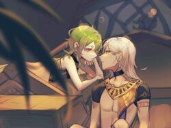 Rule 34 | 1boy, 1girl, backless shirt, black choker, black shirt, chinese commentary, choker, collarbone, collei (genshin impact), cyno (genshin impact), dark-skinned male, dark skin, eye contact, genshin impact, green hair, grey hair, hair behind ear, hetero, highres, indoors, lens flare, long hair, looking at another, lying, matchhhh, medium hair, noses touching, on bed, parted lips, pectorals, plant, purple eyes, shirt, shrug (clothing), sitting, under covers