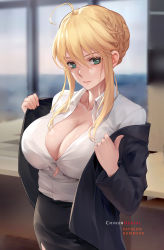 Rule 34 | 1girl, artoria pendragon (fate), artoria pendragon (lancer) (fate), black jacket, black skirt, blonde hair, blouse, braid, braided bun, breasts, business suit, chihunhentai, cleavage, collarbone, collared shirt, contemporary, dress shirt, fate/grand order, fate (series), formal, french braid, green eyes, hair between eyes, hair bun, highres, jacket, large breasts, long hair, long sleeves, looking at viewer, office lady, pencil skirt, shirt, sidelocks, skirt, skirt suit, smile, solo, suit, white shirt