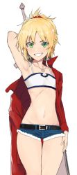Rule 34 | 1girl, alternate breast size, arm at side, arm up, armpits, bandeau, blonde hair, braid, cowboy shot, cutoffs, denim, denim shorts, fate/apocrypha, fate (series), flat chest, french braid, green eyes, grin, hair ornament, hand on own thigh, jacket, jewelry, looking at viewer, midriff, mordred (fate), mordred (fate/apocrypha), mordred (memories at trifas) (fate), navel, necklace, nesume, off shoulder, ponytail, short hair, short shorts, shorts, simple background, smile, solo, stomach, strapless, sword, thigh gap, thighs, tube top, weapon, white background
