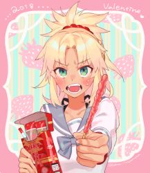 Rule 34 | &gt;:o, 1girl, 2018, blonde hair, blush, dark-skinned female, dark skin, dress, fate/grand order, fate (series), food, green eyes, holding, holding food, long hair, long sleeves, looking at viewer, mordred (fate), mordred (fate) (all), mordred (fate/apocrypha), mordred (swimsuit rider) (fate), mordred (swimsuit rider) (second ascension) (fate), open mouth, parted bangs, pocky, ponytail, red scrunchie, sara (kurome1127), school uniform, scrunchie, serafuku, solo, strawberry background, sweatdrop, upper body, v-shaped eyebrows, valentine, white dress
