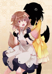 Rule 34 | 2girls, 54hao, animal ears, apron, black dress, bone hair ornament, braid, brown background, brown hair, cartoon bone, dog ears, dog girl, dog tail, dress, dual persona, hair between eyes, hair ornament, hair over one eye, highres, hololive, inugami korone, inugami korone (1st costume), libra (symbol), long hair, long sleeves, low twintails, multiple girls, open mouth, puffy short sleeves, puffy sleeves, red eyes, shadow (shadows house), shadows house, short sleeves, tail, twin braids, twintails, virtual youtuber, white apron, wide sleeves, yellow dress