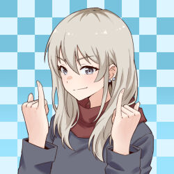 Rule 34 | 1girl, black sweater, blue background, checkered background, closed mouth, commentary request, earrings, girls band cry, grey eyes, hair between eyes, jewelry, kawaragi momoka, long hair, long sleeves, looking at viewer, multicolored hair, pinky out, red scarf, roots (hair), scarf, solo, summer left, sweater, upper body