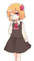 Rule 34 | 1girl, :&gt;, black skirt, blonde hair, blouse, collared shirt, ascot, hair ribbon, index finger raised, long sleeves, mary janes, necktie, one eye closed, open mouth, red eyes, red footwear, red ribbon, ribbon, rumia, shirt, shoes, short hair, skirt, smile, socks, solo, standing, touhou, white shirt, white shirt, wing collar, yunuki uta