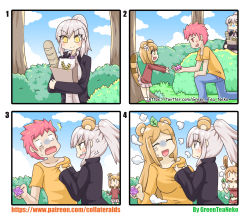 Rule 34 | &gt;:), 1boy, 3girls, 4koma, :d, ^^^, ^ ^, absurdres, anger vein, animal ears, artist name, bad id, bad pixiv id, bag, baguette, black jacket, blue pants, blue sky, blush, bread, breasts, brown hair, brown shirt, brown skirt, bush, candy, cleavage, closed eyes, closed mouth, cloud, collar grab, collared shirt, comic, commentary request, condom, day, dress, earrings, eye contact, flower, food, genderswap, genderswap (mtf), greenteaneko, grey shirt, grocery bag, hair between eyes, hair flower, hair ornament, high ponytail, highres, holding, holding food, holding money, husband and wife, jacket, jewelry, large breasts, leaf, leaf on head, looking at another, medium breasts, money, multiple girls, hugging object, on one knee, open clothes, open jacket, open mouth, original, outdoors, outstretched arms, pants, paper bag, pleated skirt, ponytail, profile, rabbit ears, raccoon ears, raccoon girl, raccoon tail, red dress, red eyes, red hair, shirt, shopping bag, short sleeves, silver hair, skirt, sky, smile, square 4koma, strapless, strapless dress, stud earrings, sweat, tail, tail raised, tanuki, transformation, translation request, tree, turn pale, v-shaped eyebrows, watermark, web address, white flower, yellow eyes