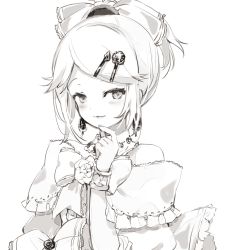 Rule 34 | 1girl, aku no musume (vocaloid), bare shoulders, bow, bracelet, choker, detached collar, dress, dress bow, dress flower, earrings, evillious nendaiki, flower, frilled dress, frills, greyscale, hair bow, hair ornament, hairclip, highres, jewelry, kagamine rin, looking at viewer, monochrome, oyamada gamata, puffy sleeves, riliane lucifen d&#039;autriche, rose, sidelocks, smile, solo, updo, vocaloid