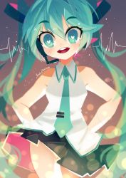 Rule 34 | 1girl, aqua eyes, aqua hair, aqua necktie, artist name, bare shoulders, black skirt, blurry, blurry background, blush, bright pupils, collared shirt, commentary, cowboy shot, depth of field, hands on own hips, hatsune miku, headset, heart, heart-shaped pupils, long hair, looking at viewer, miniskirt, necktie, open mouth, pleated skirt, projecttiger, shirt, signature, skirt, sleeveless, sleeveless shirt, smile, solo, standing, symbol-shaped pupils, twintails, very long hair, vocaloid, white pupils, white shirt