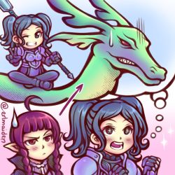 Rule 34 | 2girls, ahoge, annoyed, armor, blue hair, blush, braid, cynthia (fire emblem), dragon, eastern dragon, fire emblem, fire emblem awakening, highres, multiple girls, nah (fire emblem), nintendo, octoppoi, one eye closed, open mouth, pointy ears, polearm, purple hair, simple background, sitting, smile, sparkle, spear, sweatdrop, symbol-shaped pupils, thought bubble, twin braids, twintails, v, weapon