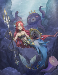 Rule 34 | 1girl, absurdres, bandeau, bare shoulders, black bandeau, breasts, circlet, cleavage, collarbone, commentary request, fins, full body, hair between eyes, hair over one eye, head fins, highres, holding, holding shield, holding trident, large breasts, lascalis, long hair, looking up, mermaid, midriff, monster girl, navel, octopus, open mouth, original, polearm, red hair, rock, shield, sidelocks, solo focus, split tail, tail, tail ornament, tearing up, teeth, trident, underwater, upper teeth only, very long hair, waistcoat, weapon, yellow eyes