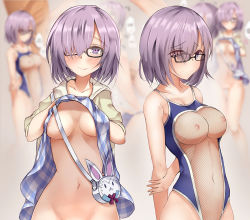 Rule 34 | clothes lift, dress, dress lift, fate/grand order, fate (series), fou (fate), glasses, mash kyrielight, nakatokung, one eye closed, purple hair, see-through, swimsuit