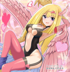 Rule 34 | 1girl, :d, arm up, armpits, artist name, bare shoulders, black leotard, blonde hair, blunt bangs, breasts, claws, cleavage, commentary request, commission, duel monster, falling feathers, feathered wings, feathers, garter straps, hair between eyes, hair ornament, harpie girl (yu-gi-oh!), harpy, heart, heart hair ornament, highres, knee up, leg warmers, leotard, long hair, looking at viewer, medium breasts, monster girl, navel, open mouth, pink feathers, pink thighhighs, pink wings, purple eyes, sitting, skeb commission, skindentation, smile, solo, tail, thighhighs, usuba kagerou (shougyouchu), winged arms, wings, yu-gi-oh!