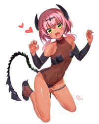 Rule 34 | 1girl, absurdres, ankle boots, arm warmers, bare shoulders, black footwear, blush, boots, breasts, breasts apart, collarbone, covered navel, dark-skinned female, dark skin, demon horns, detached sleeves, eyebrows, fang, forehead jewel, green eyes, groin, hands up, heart, highleg, highleg leotard, highres, horns, kneeling, konbu wakame, leotard, looking at viewer, low twintails, open mouth, original, pink hair, see-through, shoes, short hair, signature, simple background, small breasts, smile, solo, tail, taut clothes, taut leotard, twintails, white background
