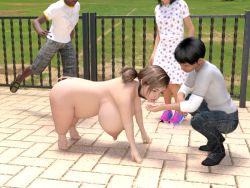 Rule 34 | 1boy, 1girl, 3d, amputee, artist request, breasts, character request, clothed male nude female, copyright request, exhibitionism, gigantic breasts, huge breasts, pet play, humiliation, nipples, nude, outdoors, pig, pig girl, public indecency, slave, what