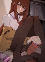 Rule 34 | 1boy, 1girl, black pantyhose, blush, brown jacket, censored, closed mouth, collared shirt, condom, condom box, condom wrapper, erection, footjob, gsusart, hetero, highres, indoors, jacket, long hair, long sleeves, looking at viewer, makise kurisu, mosaic censoring, necktie, off shoulder, pantyhose, penis, purple eyes, red hair, red necktie, shirt, sitting, solo focus, steins;gate, two-footed footjob, white shirt