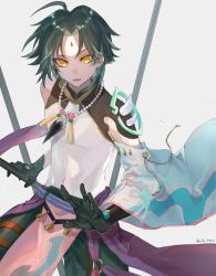 Rule 34 | 1boy, absurdres, ahoge, asymmetrical clothes, bead necklace, beads, black gloves, eruto, facial mark, forehead mark, genshin impact, gloves, gradient hair, green hair, grey background, highres, holding, holding weapon, jewelry, male focus, multicolored hair, necklace, open mouth, polearm, simple background, solo, tassel, twitter username, weapon, xiao (genshin impact), yellow eyes