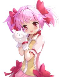 Rule 34 | 1girl, blush, bow, choker, commentary request, crossover, gloves, hair bow, highres, kaname madoka, magical girl, mahou shoujo madoka magica, mahou shoujo madoka magica (anime), nekopurin (nyanko prin), nyanko daisensou, open mouth, pink bow, pink hair, red choker, red eyes, short hair, short twintails, simple background, smile, twintails, upper body, white background, white gloves
