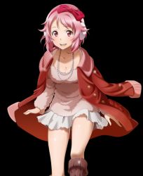 Rule 34 | 10s, 1girl, :d, bow, breasts, cleavage, coat, collarbone, hair bow, jewelry, lisbeth (sao), looking at viewer, medium breasts, miniskirt, necklace, open clothes, open coat, open mouth, pink eyes, pink hair, pink sweater, red bow, red coat, short hair, skirt, smile, solo, standing, sweater, sword art online, transparent background, white skirt