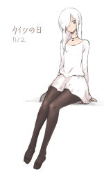 Rule 34 | 1girl, black pantyhose, closed mouth, dated, dress, grey eyes, hair over one eye, legs together, long hair, long sleeves, looking at viewer, oopartz yang, original, pantyhose, simple background, sitting, solo, thighs, tights day, translated, tsurime, white background, white dress, white hair