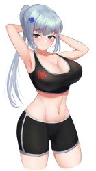 Rule 34 | 1girl, alternate costume, arms behind head, arms up, black sports bra, blue hair, breasts, cleavage, girls&#039; frontline, green eyes, hair ornament, hairclip, hk416 (girls&#039; frontline), large breasts, looking at viewer, midriff, navel, organ3432, ponytail, simple background, smile, sports bra, sportswear, sweat, white background